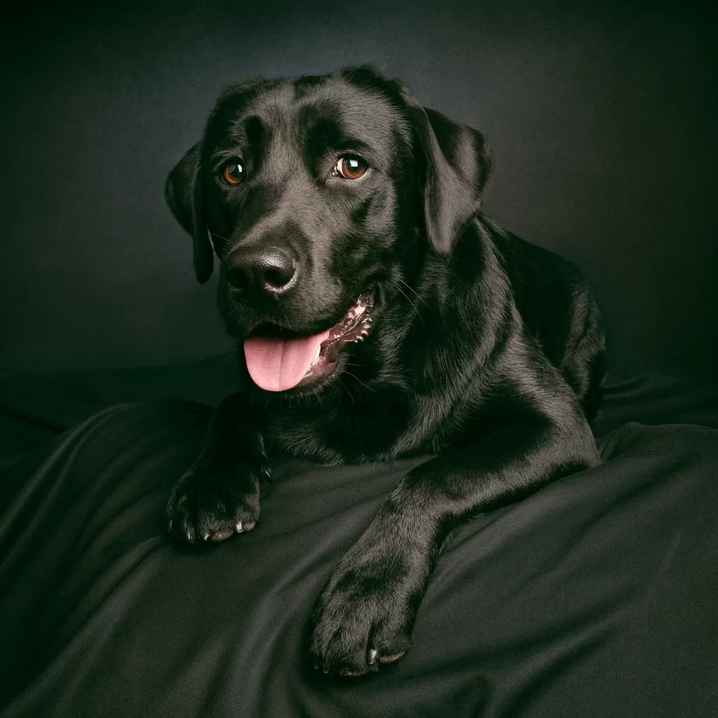Black Labrador dog with ears up and tongue out.